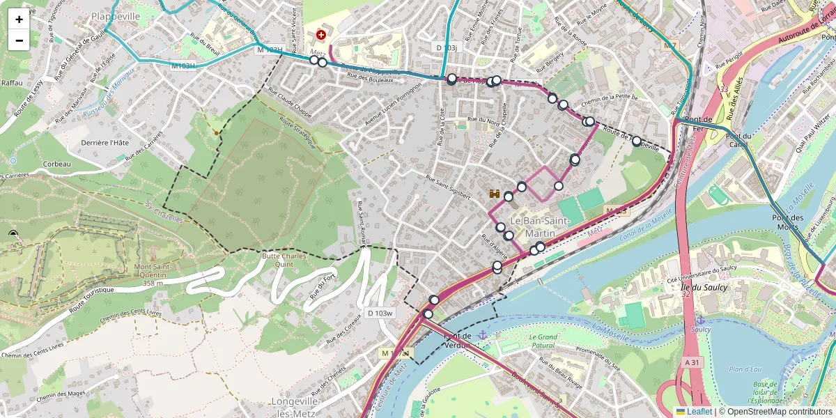 Carte du réseau de transport en commun à Le Ban-Saint-Martin - lignes de bus et arrêts