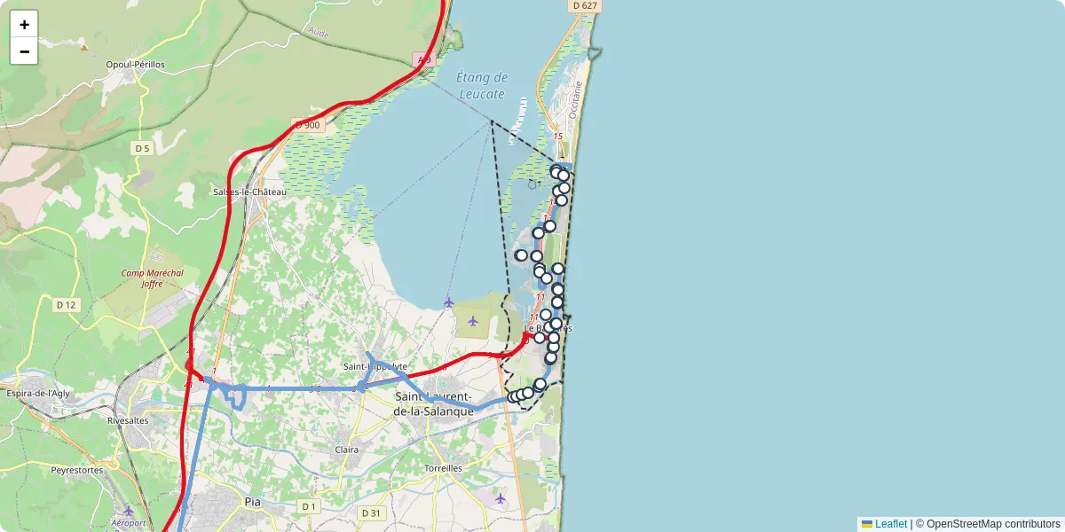 Carte du réseau de transport en commun à Le Barcarès - lignes de bus et arrêts