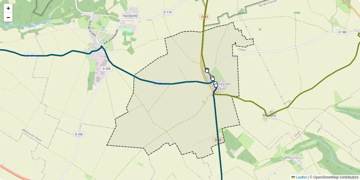 Carte du réseau de transport en commun à Le Bellay-en-Vexin - lignes de bus et arrêts