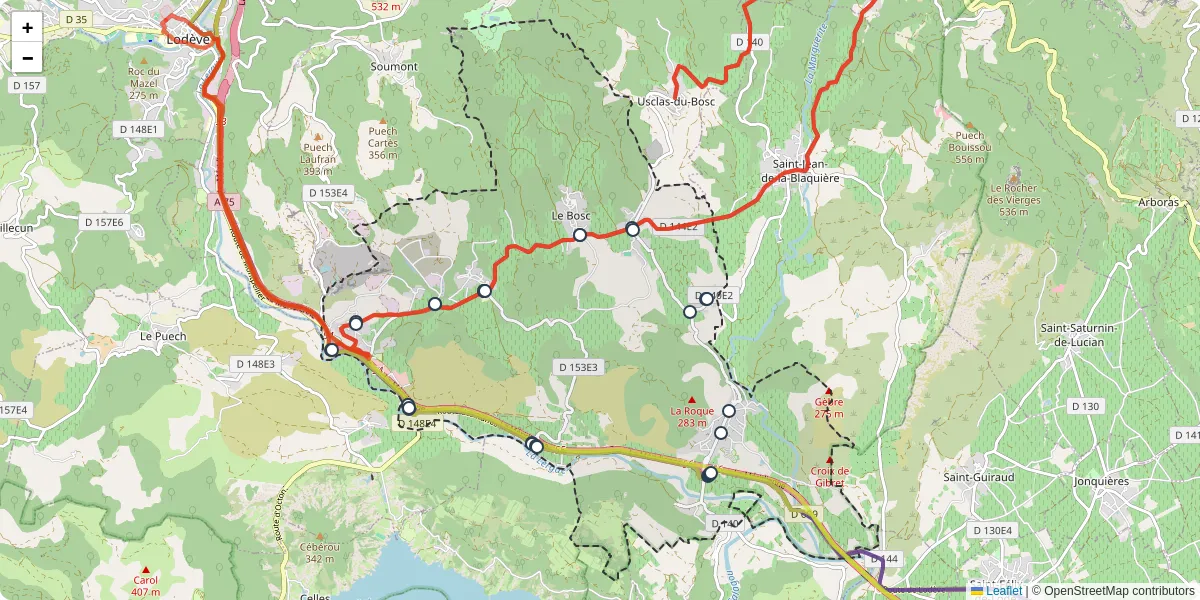 Carte du réseau de transport en commun à Le Bosc - lignes de bus et arrêts