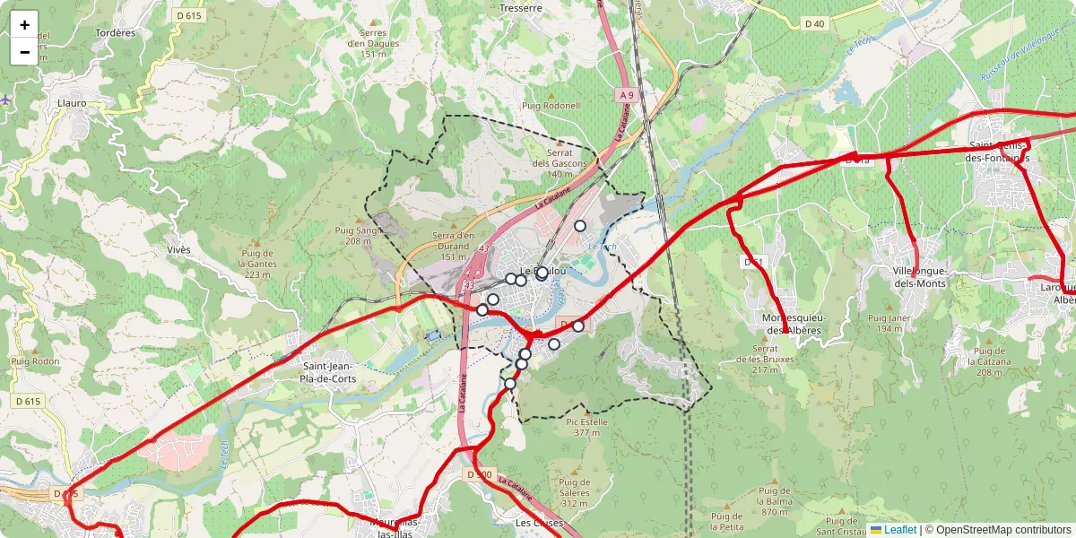 Carte du réseau de transport en commun à Le Boulou - lignes de bus et arrêts