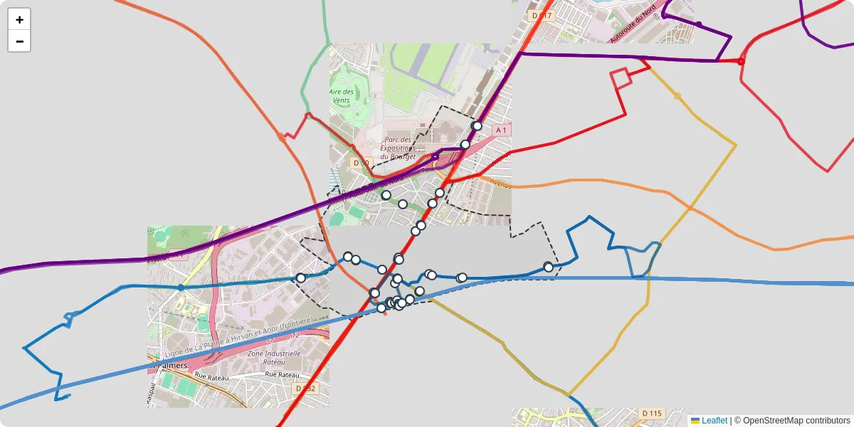 Carte du réseau de transport en commun à Le Bourget - lignes de bus et arrêts