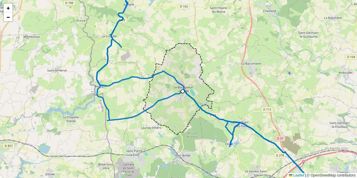 Carte du réseau de transport en commun à Le Bourgneuf-la-Forêt - lignes de bus et arrêts