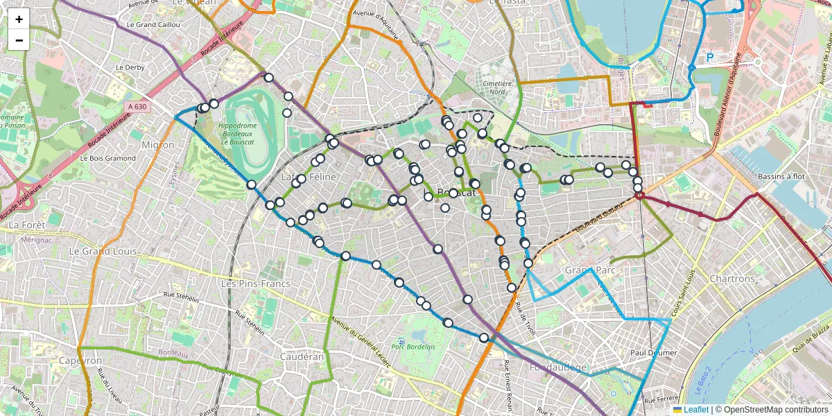 Carte du réseau de transport en commun à Le Bouscat - lignes de bus et arrêts