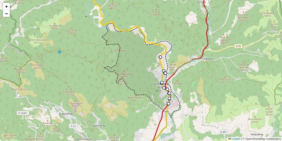 Carte du réseau de transport en commun à Le Bousquet-d'Orb - lignes de bus et arrêts