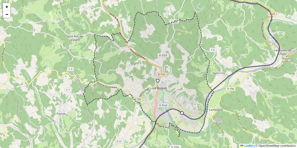 Carte du réseau de transport en commun à Le Bugue - lignes de bus et arrêts