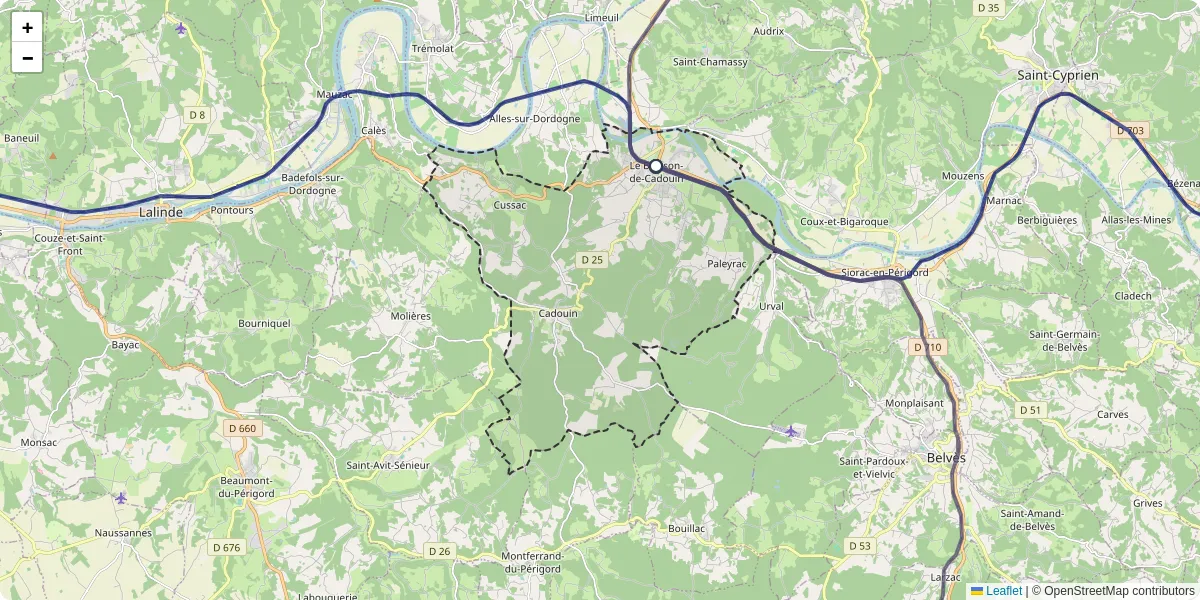 Carte du réseau de transport en commun à Le Buisson-de-Cadouin - lignes de bus et arrêts