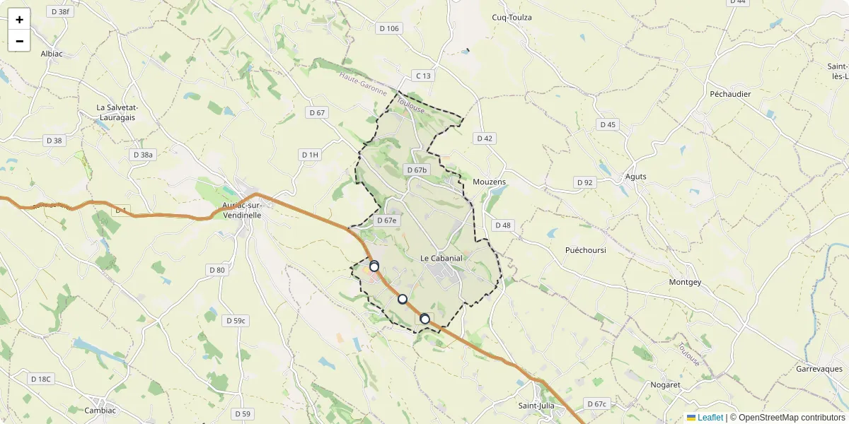 Carte du réseau de transport en commun à Le Cabanial - lignes de bus et arrêts