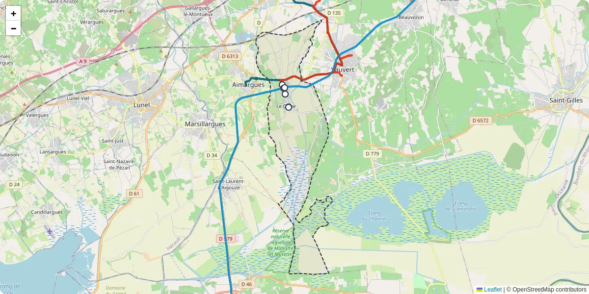 Carte du réseau de transport en commun à Le Cailar - lignes de bus et arrêts