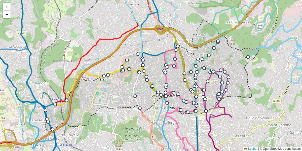 Carte du réseau de transport en commun à Le Cannet - lignes de bus et arrêts