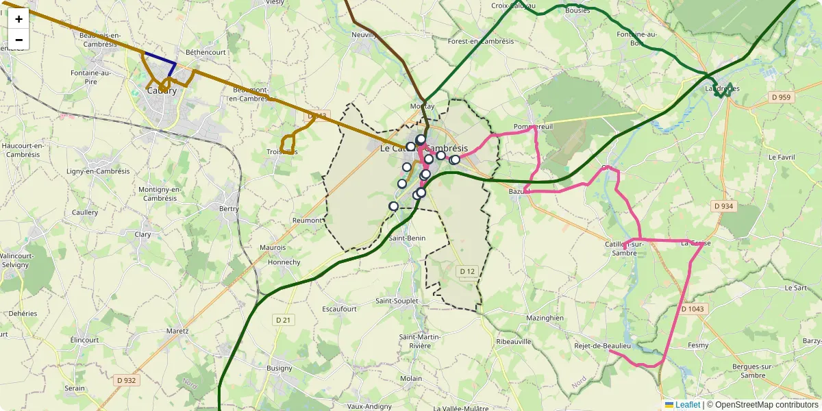 Carte du réseau de transport en commun à Le Cateau-Cambrésis - lignes de bus et arrêts