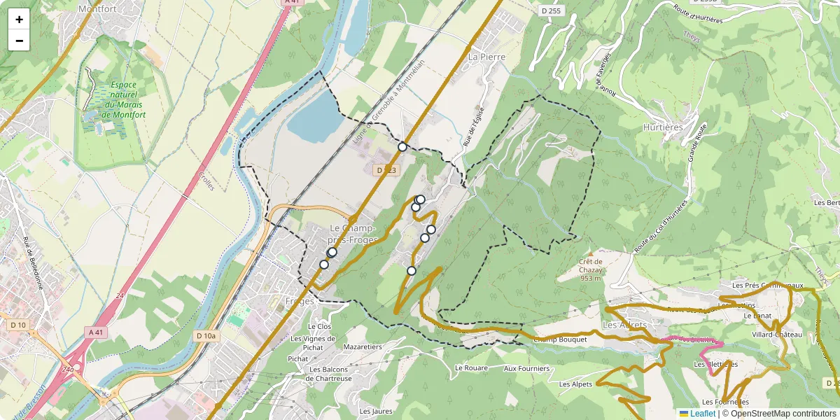 Carte du réseau de transport en commun à Le Champ-près-Froges - lignes de bus et arrêts