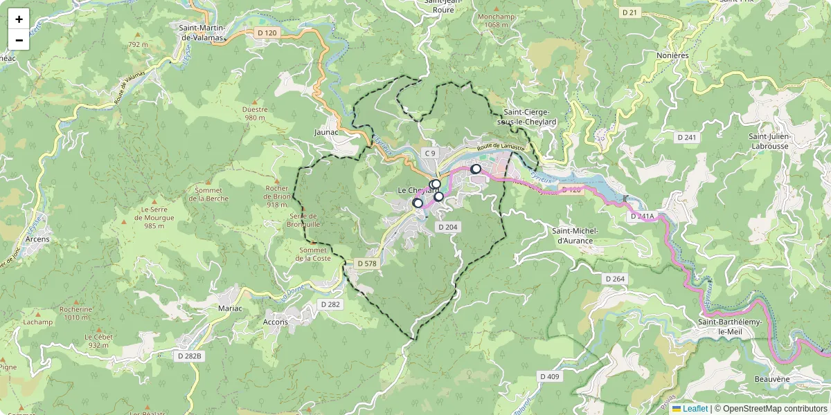 Carte du réseau de transport en commun à Le Cheylard - lignes de bus et arrêts