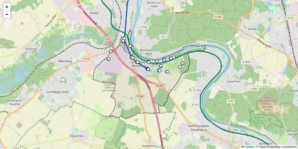 Carte du réseau de transport en commun à Le Coudray-Montceaux - lignes de bus et arrêts