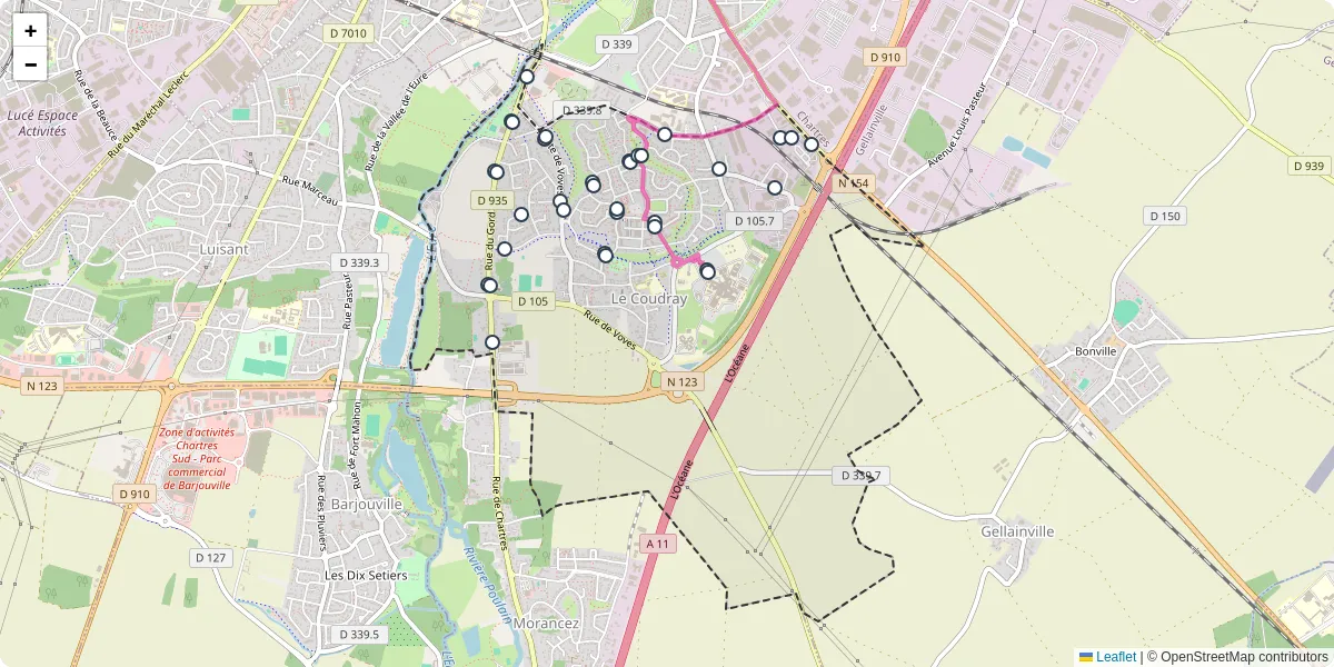 Carte du réseau de transport en commun à Le Coudray - lignes de bus et arrêts