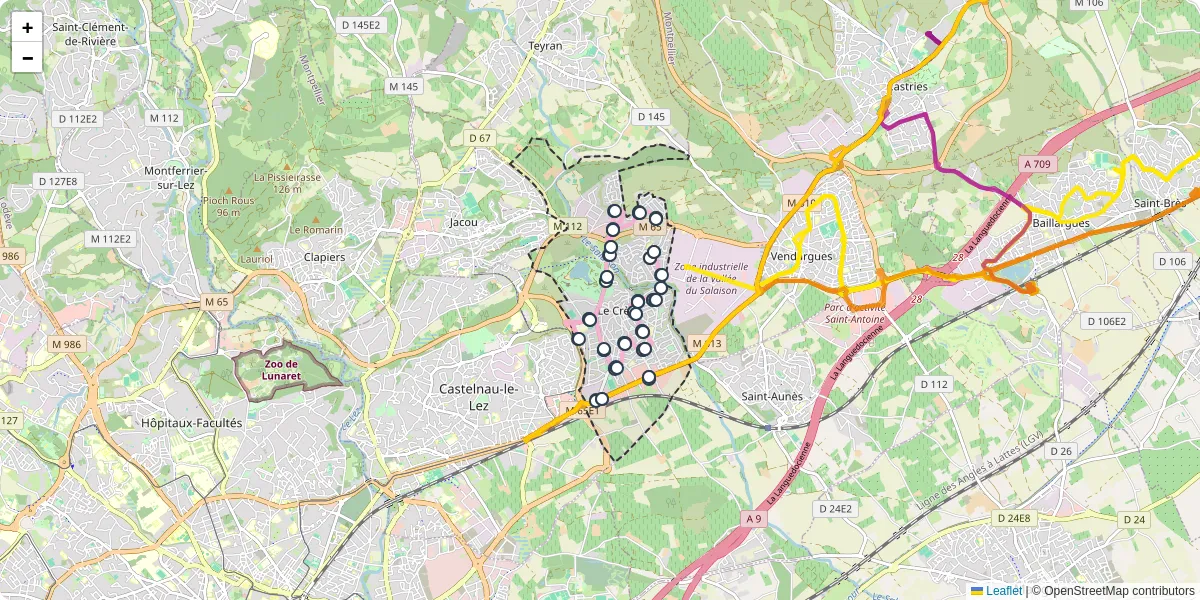Carte du réseau de transport en commun à Le Crès - lignes de bus et arrêts