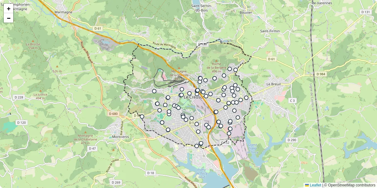 Carte du réseau de transport en commun à Le Creusot - lignes de bus et arrêts