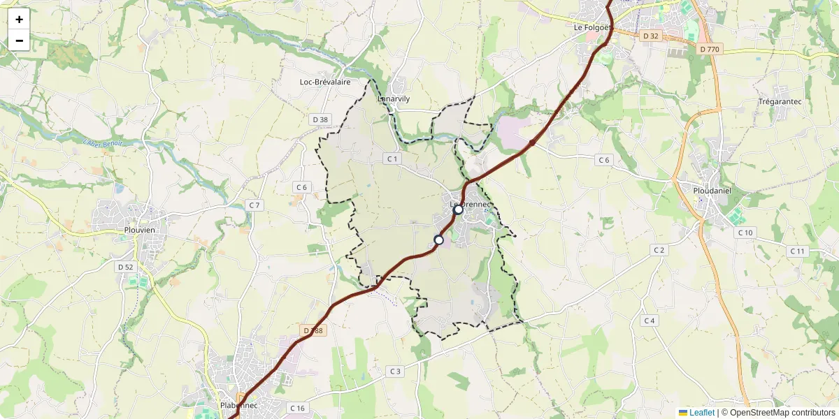 Carte du réseau de transport en commun à Le Drennec - lignes de bus et arrêts