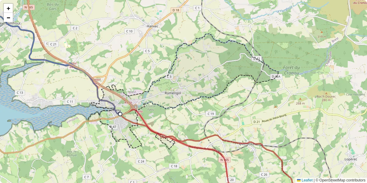Carte du réseau de transport en commun à Le Faou - lignes de bus et arrêts