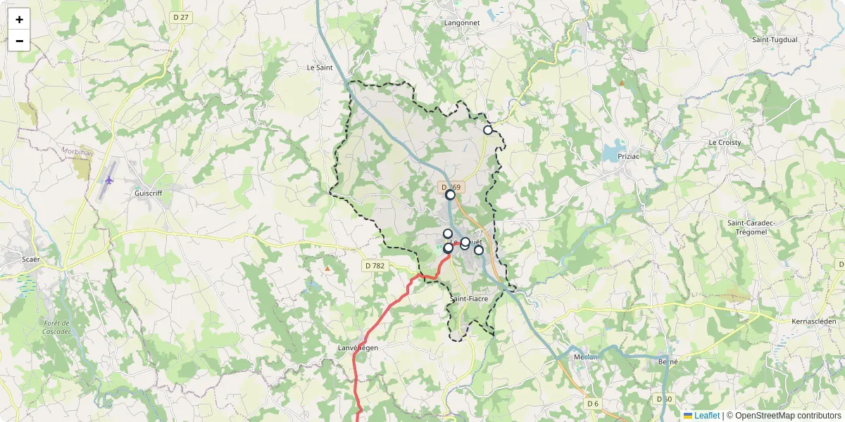 Carte du réseau de transport en commun à Le Faouët - lignes de bus et arrêts