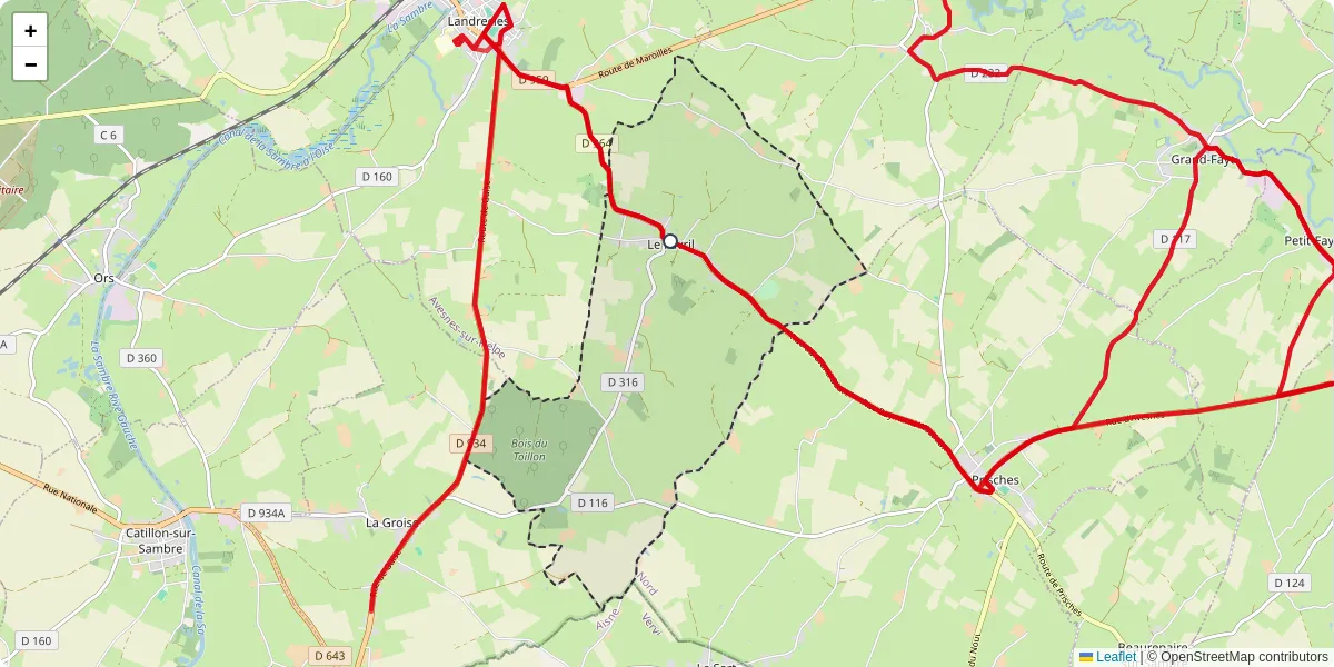 Carte du réseau de transport en commun à Le Favril - lignes de bus et arrêts
