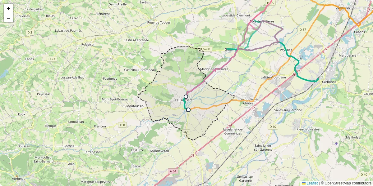 Carte du réseau de transport en commun à Le Fousseret - lignes de bus et arrêts