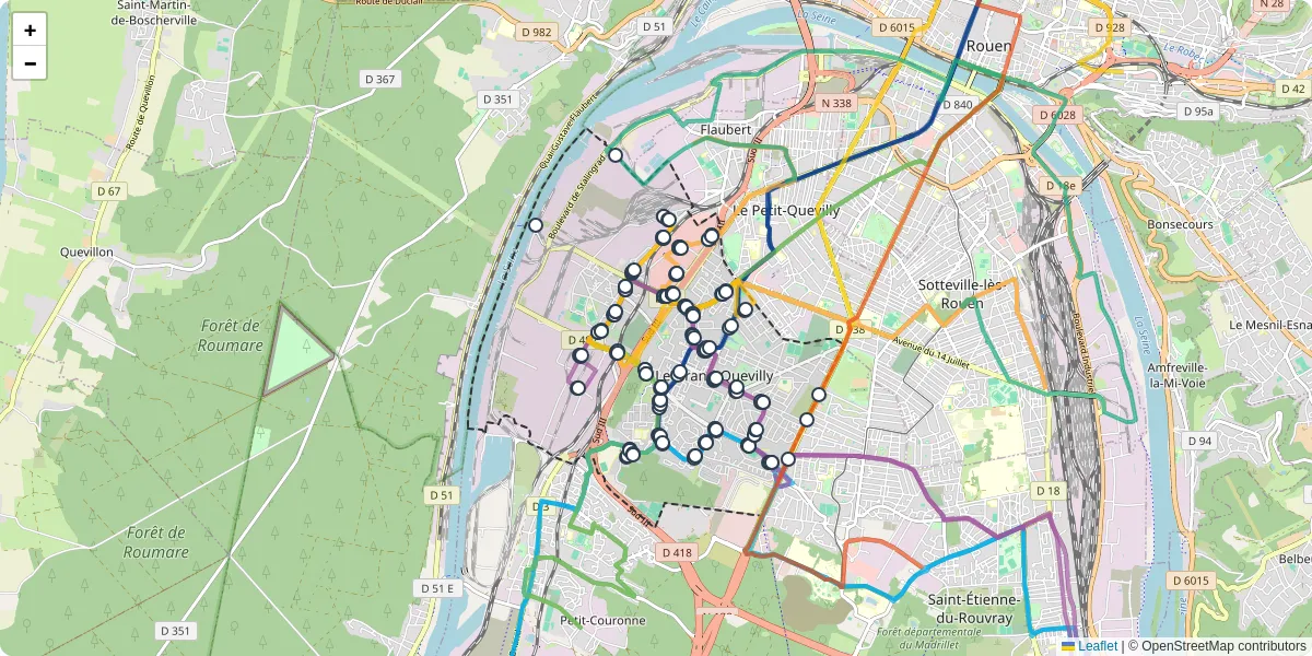Carte du réseau de transport en commun à Le Grand-Quevilly - lignes de bus et arrêts