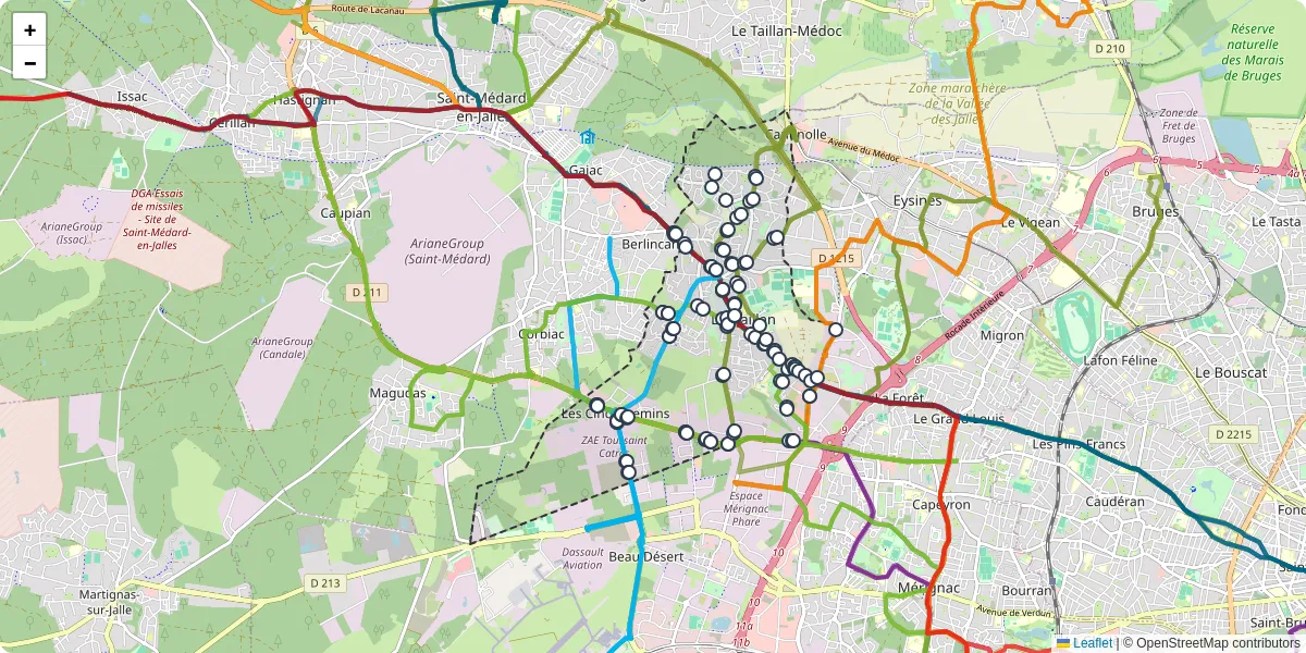 Carte du réseau de transport en commun à Le Haillan - lignes de bus et arrêts