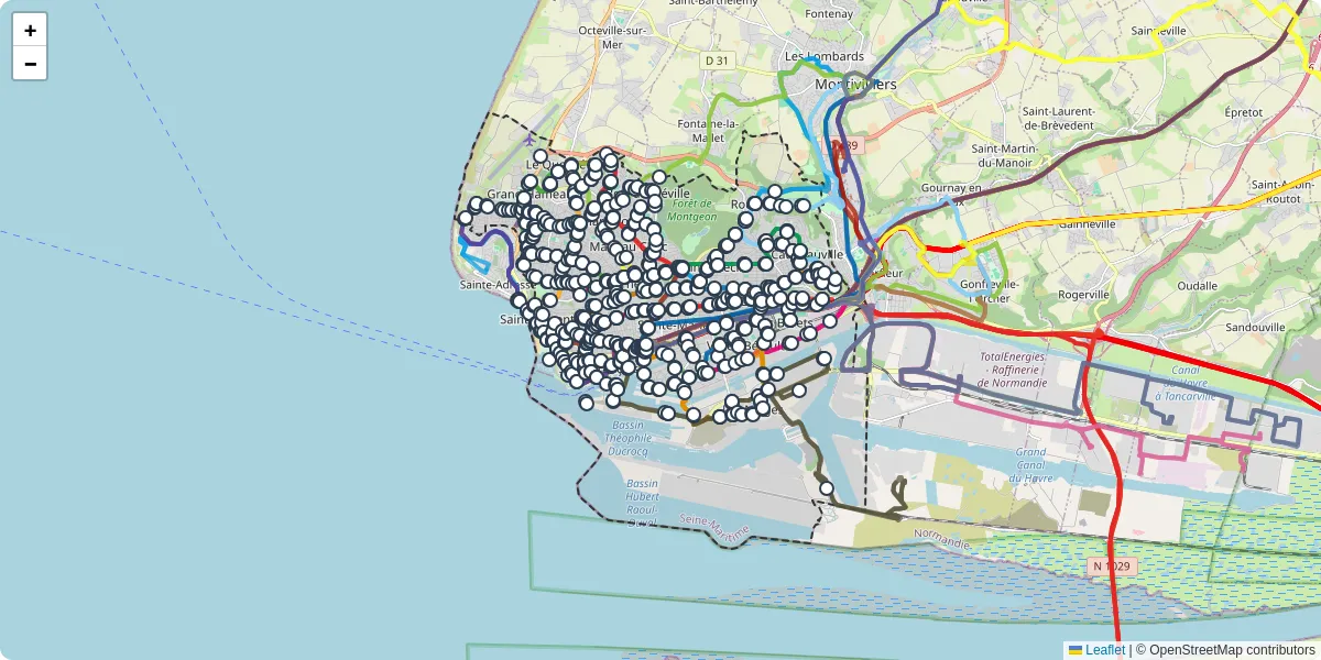 Carte du réseau de transport en commun à Le Havre - lignes de bus et arrêts