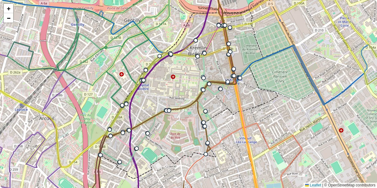 Carte du réseau de transport en commun à Le Kremlin-Bicêtre - lignes de bus et arrêts