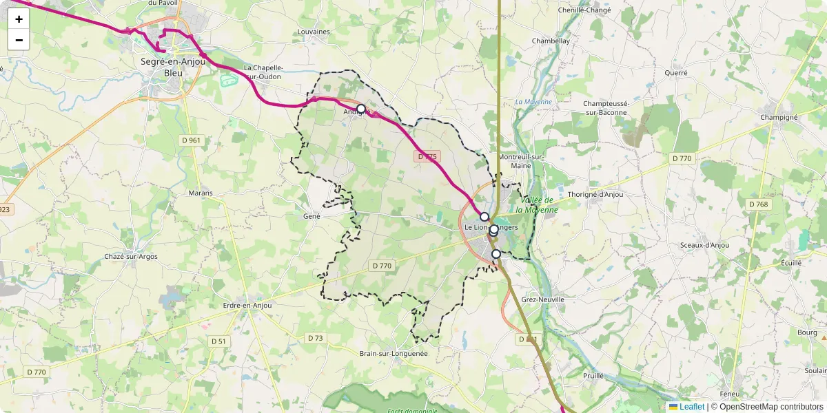 Carte du réseau de transport en commun à Le Lion-d'Angers - lignes de bus et arrêts