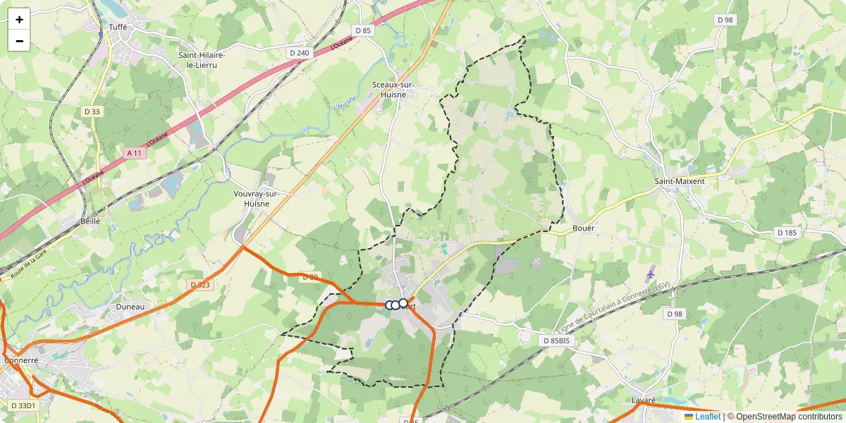 Carte du réseau de transport en commun à Le Luart - lignes de bus et arrêts