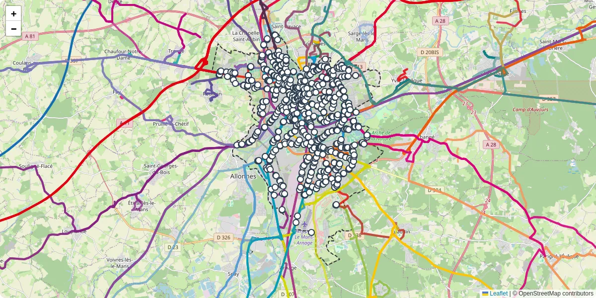 Carte du réseau de transport en commun à Le Mans - lignes de bus et arrêts
