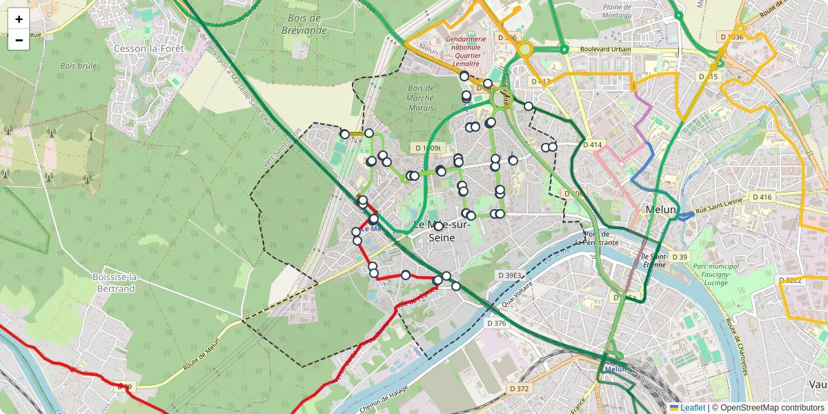 Carte du réseau de transport en commun à Le Mée-sur-Seine - lignes de bus et arrêts