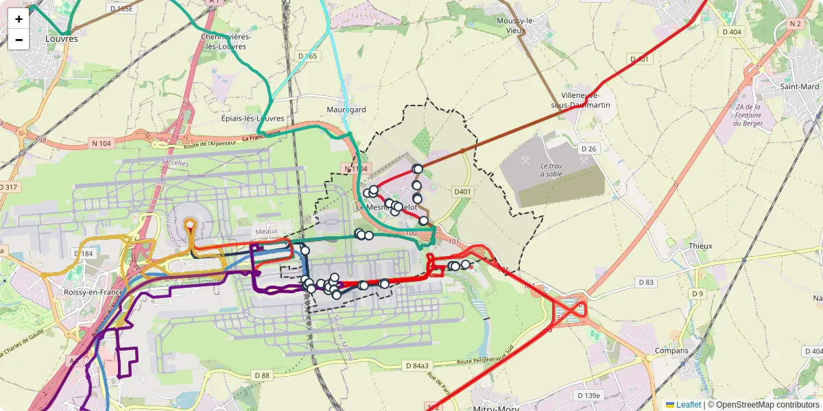 Carte du réseau de transport en commun à Le Mesnil-Amelot - lignes de bus et arrêts