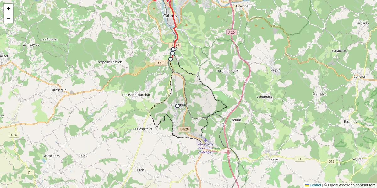 Carte du réseau de transport en commun à Le Montat - lignes de bus et arrêts