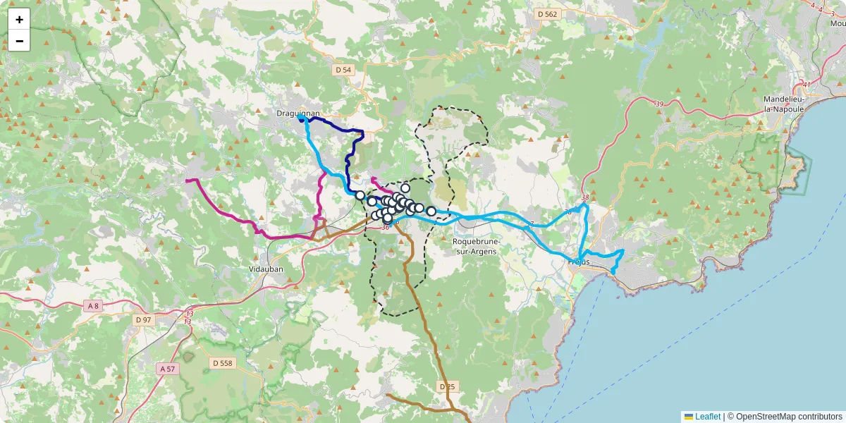 Carte du réseau de transport en commun à Le Muy - lignes de bus et arrêts