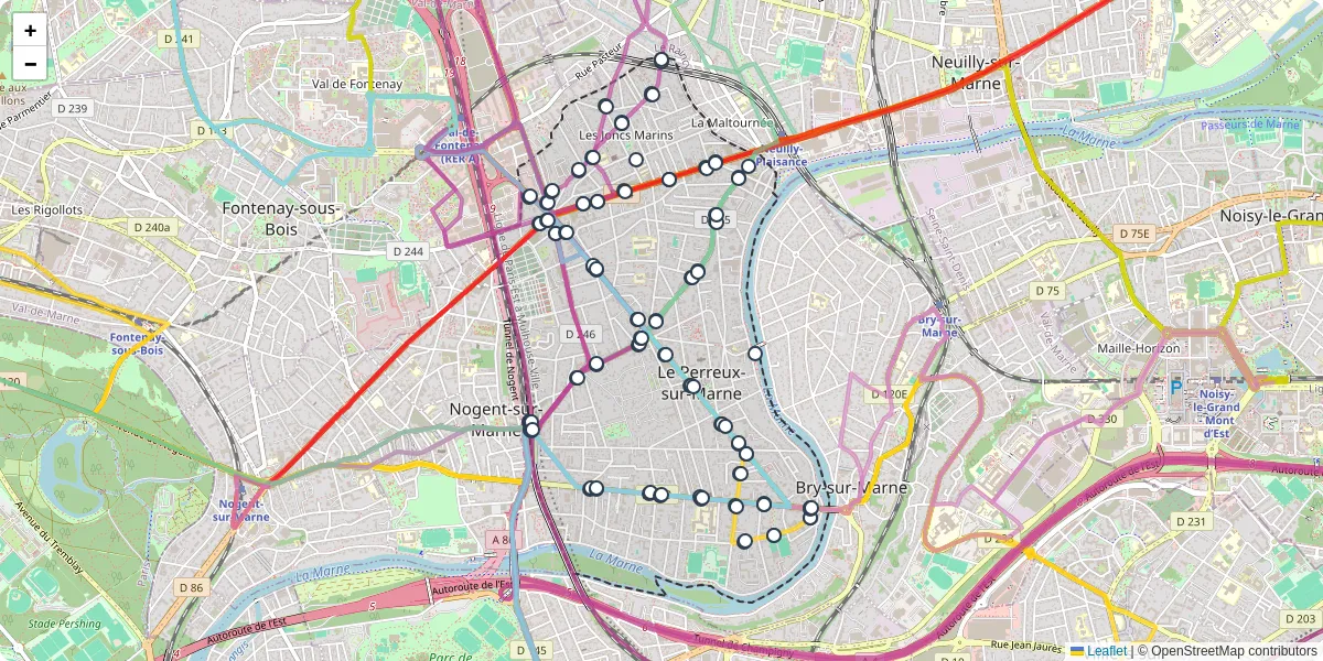 Carte du réseau de transport en commun à Le Perreux-sur-Marne - lignes de bus et arrêts