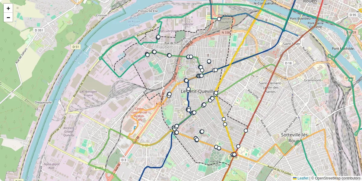 Carte du réseau de transport en commun à Le Petit-Quevilly - lignes de bus et arrêts
