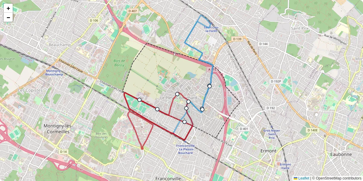 Carte du réseau de transport en commun à Le Plessis-Bouchard - lignes de bus et arrêts