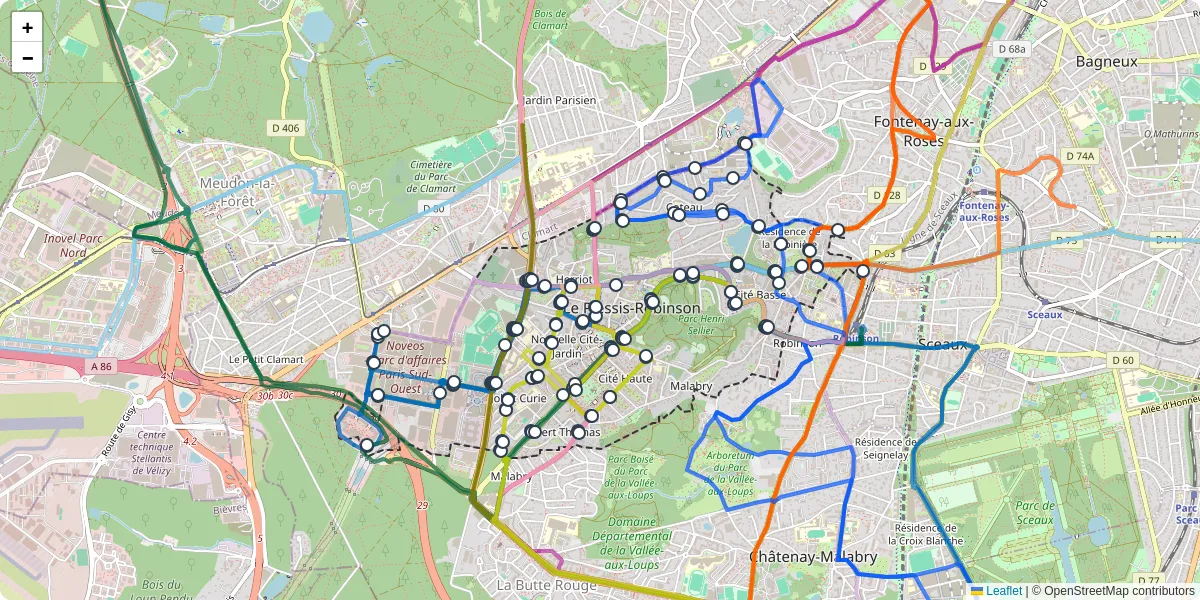 Carte du réseau de transport en commun à Le Plessis-Robinson - lignes de bus et arrêts