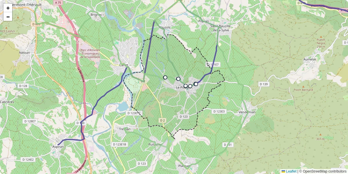 Carte du réseau de transport en commun à Le Pouget - lignes de bus et arrêts
