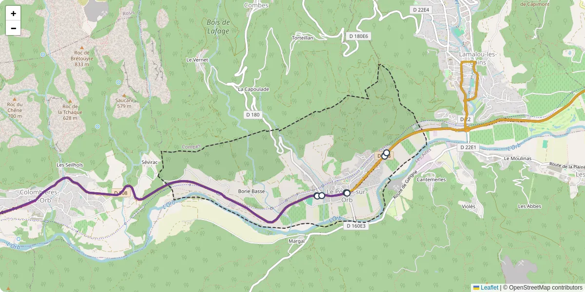 Carte du réseau de transport en commun à Le Poujol-sur-Orb - lignes de bus et arrêts