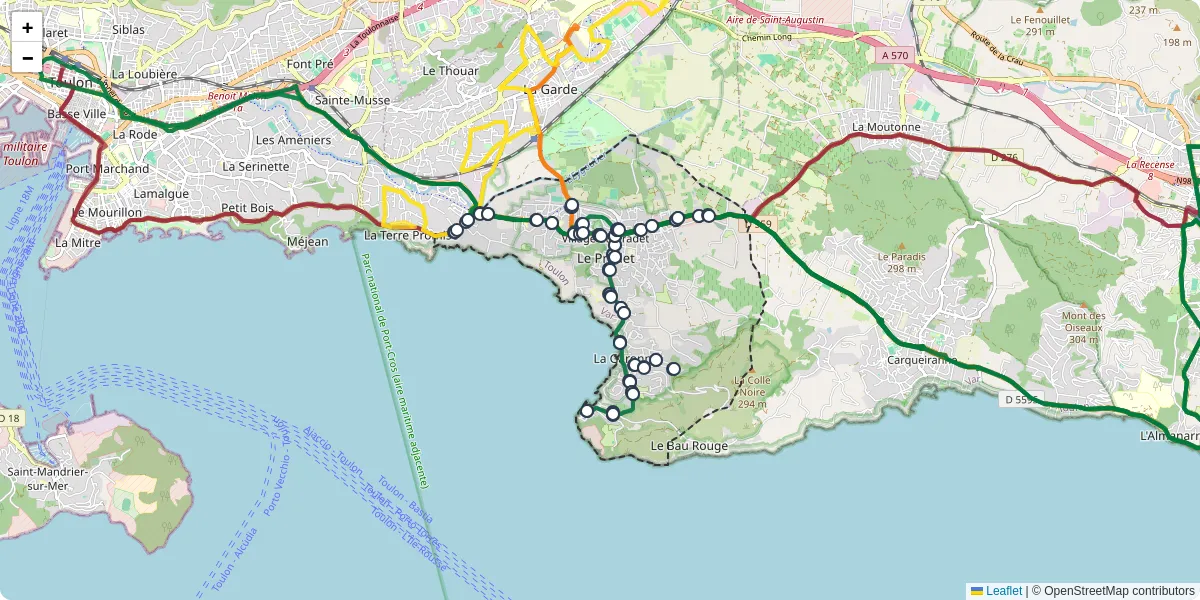 Carte du réseau de transport en commun à Le Pradet - lignes de bus et arrêts