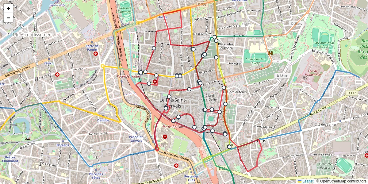 Carte du réseau de transport en commun à Le Pré-Saint-Gervais - lignes de bus et arrêts