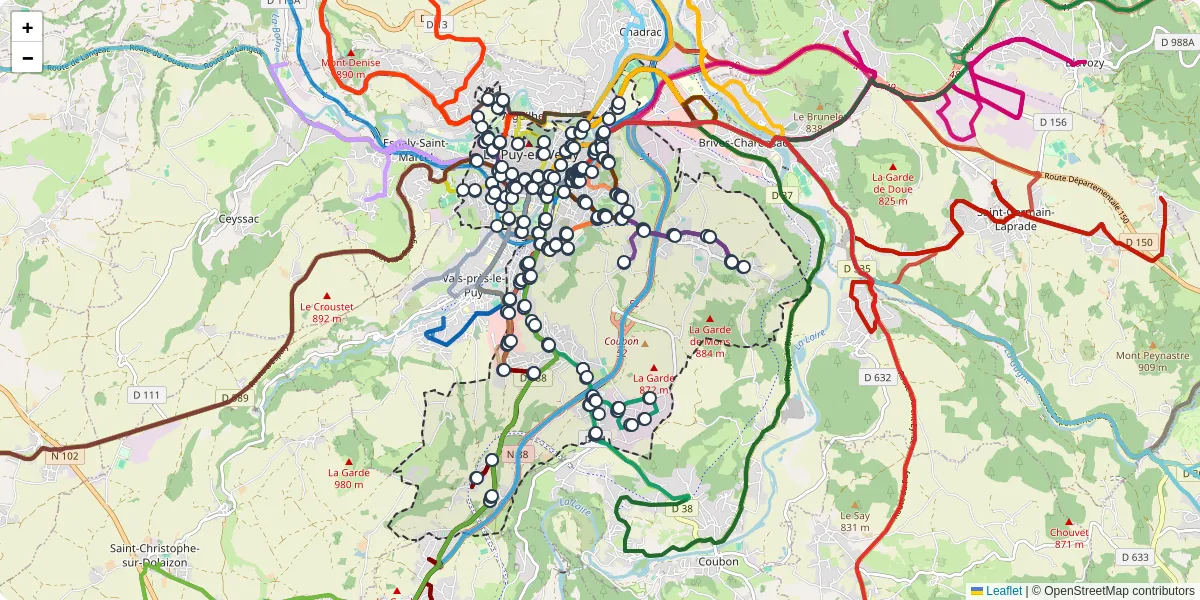 Carte du réseau de transport en commun à Le Puy-en-Velay - lignes de bus et arrêts