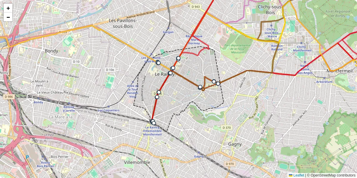 Carte du réseau de transport en commun à Le Raincy - lignes de bus et arrêts