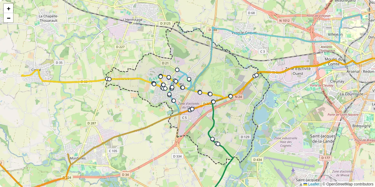 Carte du réseau de transport en commun à Le Rheu - lignes de bus et arrêts