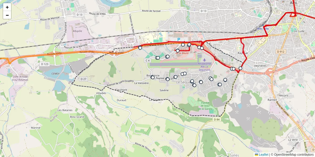 Carte du réseau de transport en commun à Le Sequestre - lignes de bus et arrêts
