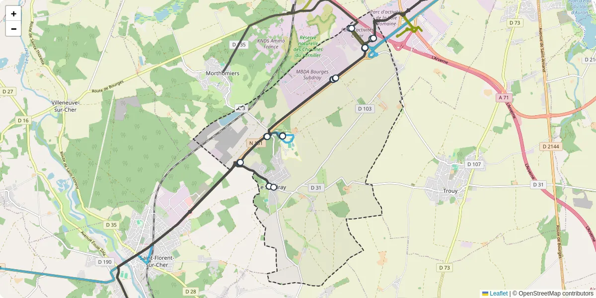 Carte du réseau de transport en commun à Le Subdray - lignes de bus et arrêts